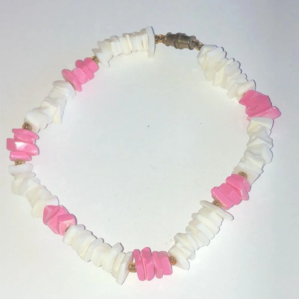 Vintage Boho Pink & White Puka Shell Chips Beaded Ankle Bracelet - Picture 3 of 5